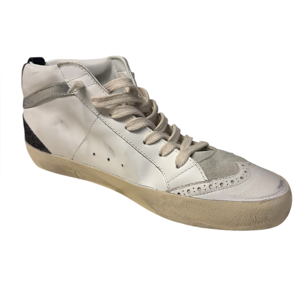 Golden Goose Mid Star White Sneakers with Gold Star and Dark Brown Glitter Heel - Picture 8 of 16